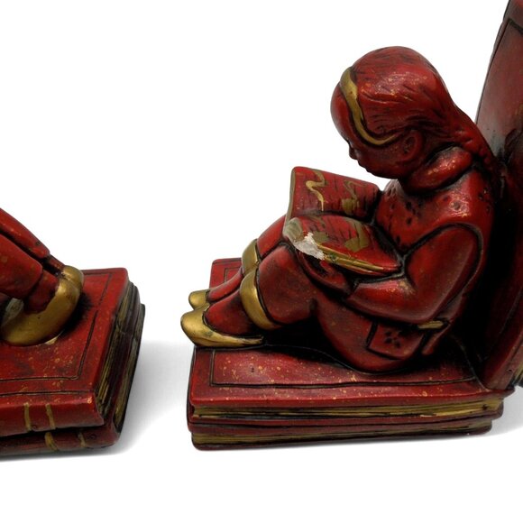 BOOKENDS Asian Boy and Girl ABBOTT Red And Gold Figurines Vintage - Picture 5 of 11